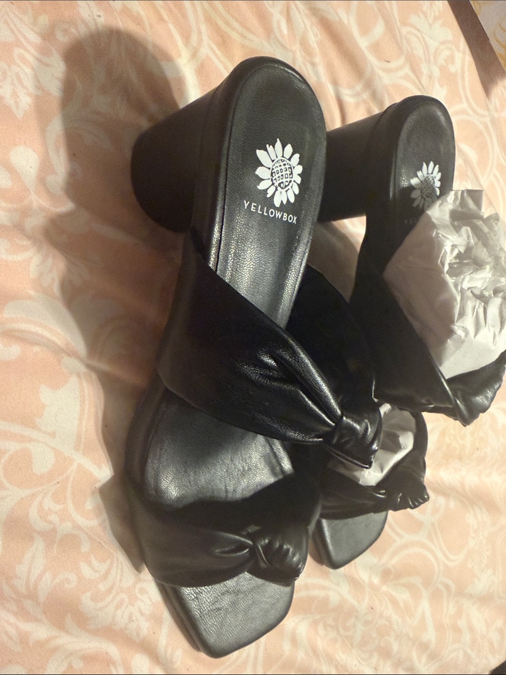 Yellow Box Black Knotted Block Heel Mules